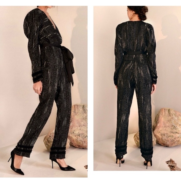 Anthropologie Pants - Anthropologie Azulu Jumpsuit Dusty Long Sleeve Wrap V-Neck Velvet Black Size 4